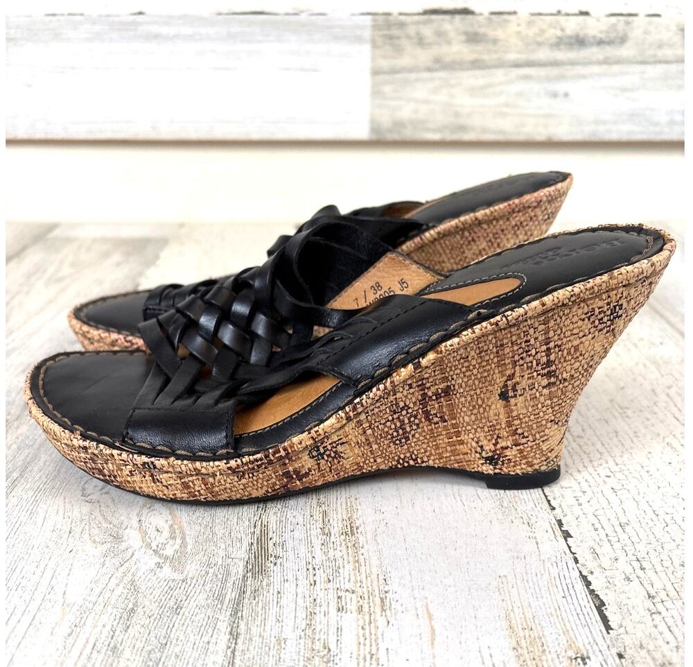 Born Womens 7 Black Leather Wedge Slip On Woven Strappy Boho Sandals NEW